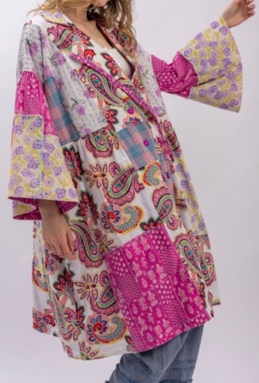 Bluevelvet Multicolor Floral Patchwork Button Down Loose Fit Light jacket Shacke